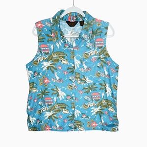 VTG Eddie Bauer Linen Collar Button Shirt L Retro Hawaiian Palms Outrigger Canoe